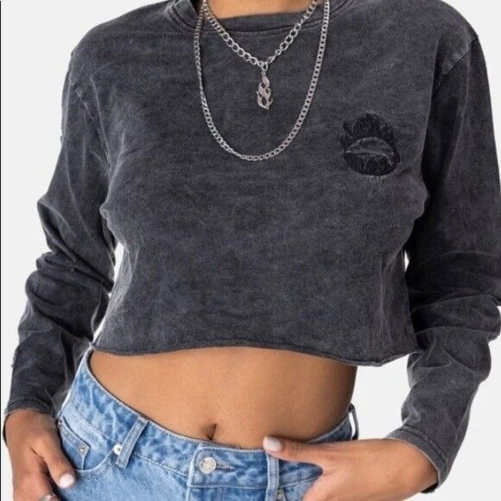 Adika Distressed Stressed Out Club Cropped Top Women Size Medium Long Sleeve